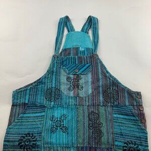 Vintage Wevez Turquoise Striped Cotton Stamp Print Relaxed Overalls One Size